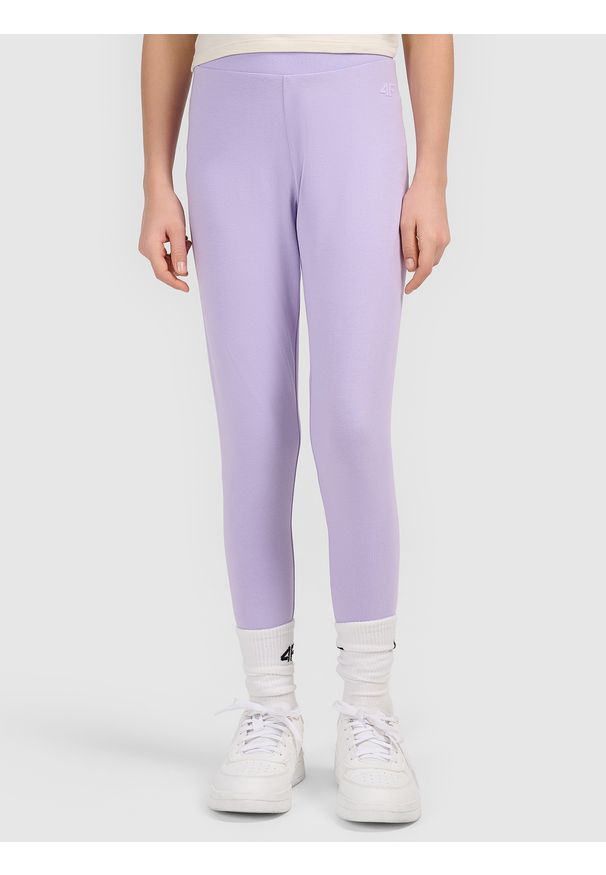 4f - 4F Legginsy dzianinowe dziewczęce - fioletowe 128 (7-8 lat). Okazja: na spacer, na co dzień, na uczelnię. Stan: podwyższony. Kolor: fioletowy. Materiał: dzianina. Sezon: lato. Styl: casual