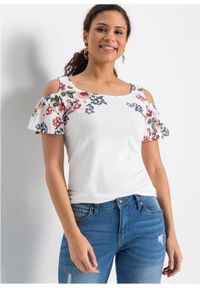 Shirt cold-shoulder z nadrukiem bonprix biel wełny w kwiaty. Kolor: biały. Materiał: wełna. Wzór: kwiaty, nadruk #4