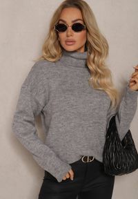 Renee - Szary Golf Bez Zdobień Minimalistyczny Torlena. Okazja: na spotkanie biznesowe, do pracy. Typ kołnierza: golf. Kolor: szary. Materiał: jeans, skóra. Długość rękawa: długi rękaw. Długość: długie. Wzór: aplikacja. Styl: biznesowy, klasyczny, elegancki