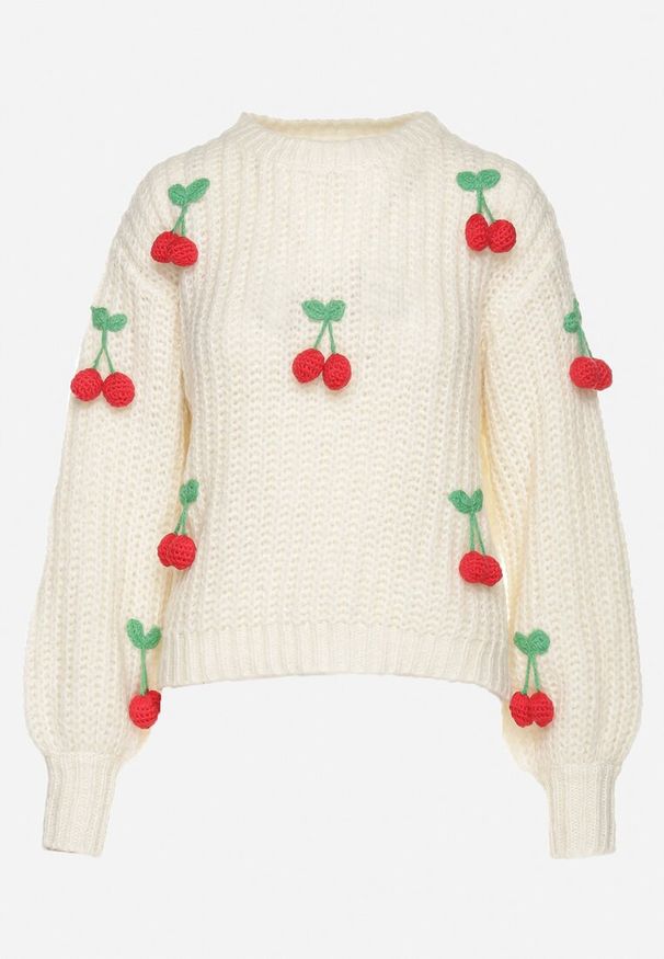 Born2be - Jasnobeżowy Sweter z Aplikacjami Wisienek o Klasycznym Fasonie Dintinnia. Okazja: na co dzień, na spotkanie biznesowe. Kolor: beżowy. Materiał: jeans. Długość rękawa: długi rękaw. Długość: długie. Wzór: aplikacja. Styl: klasyczny
