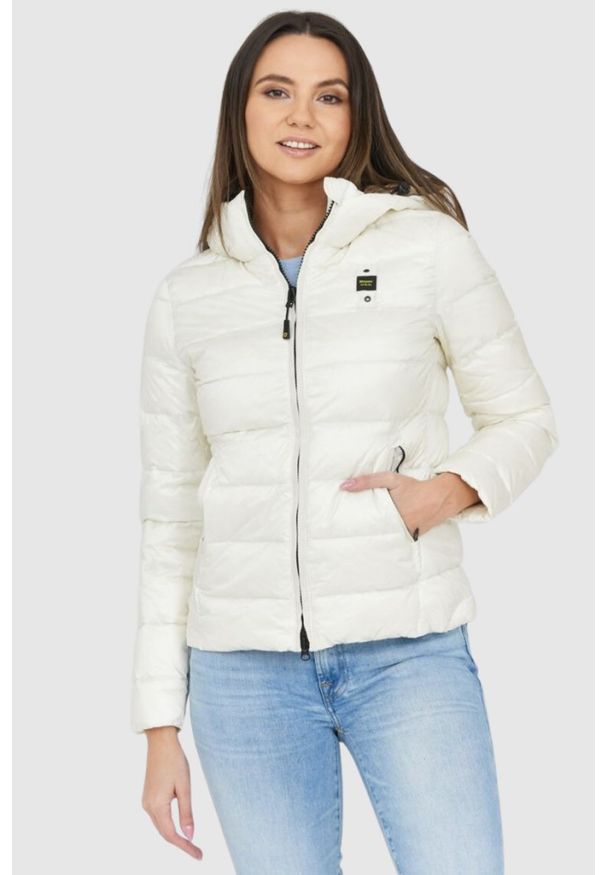 Blauer USA - BLAUER Puchowa kurtka ecru damska z kapturem Claudia fashion down jacket with hood, Rozmiar S. Typ kołnierza: kaptur. Kolor: biały. Materiał: puch