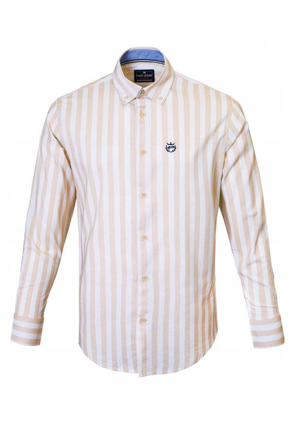 Biała, Lekko Taliowana Koszula Męska - Pako Jeans - Beżowy Prążek. Okazja: na co dzień. Kolor: brązowy, beżowy, wielokolorowy. Materiał: wiskoza, bawełna. Wzór: paski. Styl: casual