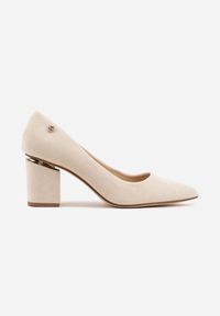 Renee - Beżowe Czółenka na Słupku z Wkładką ze Skóry Naturalnej i Metaliczną Ozdobą Dynaste. Kolor: beżowy. Materiał: skóra. Wzór: aplikacja. Obcas: na słupku. Styl: elegancki #7
