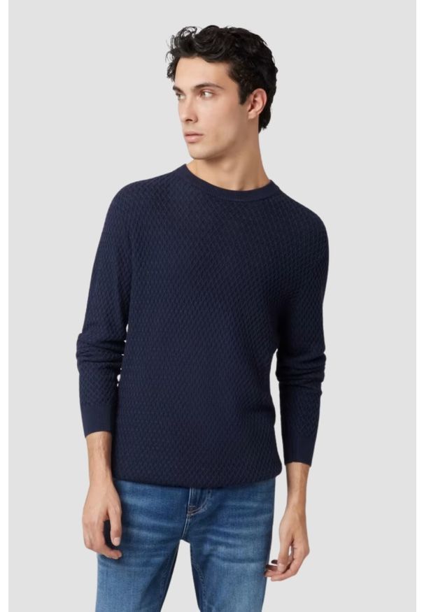 Guess - GUESS Granatowy sweter męski Davin Cn Ls, Rozmiar M. Kolor: niebieski. Materiał: bawełna. Długość rękawa: długi rękaw. Długość: długie. Wzór: bez wzorów. Styl: elegancki, klasyczny