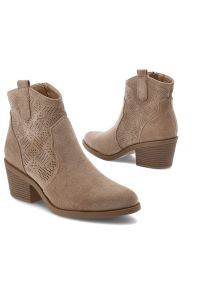 Beżowe Botki S.Barski Ażurowe Kowbojki Damskie. Kolor: beżowy. Materiał: jeans, materiał. Wzór: ażurowy. Obcas: na obcasie. Wysokość obcasa: średni #7