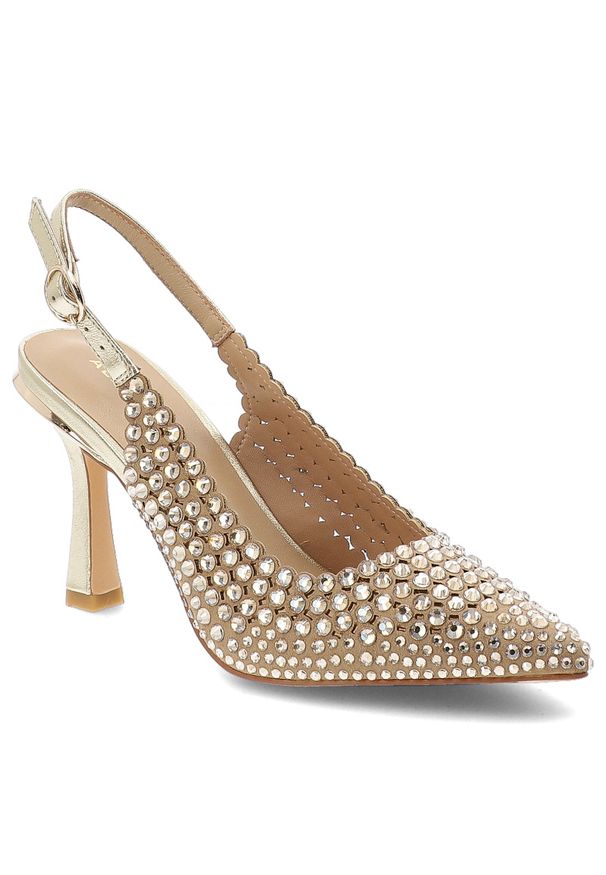 Czółenka damskie Alma En Pena, materiałowa cholewka ozdobne kryształki pasek z regulacją smukły nosek elegancki obcas złoty kolor wizytowy styl, złot. Okazja: na wesele, na imprezę, na ślub cywilny. Zapięcie: pasek. Kolor: złoty. Szerokość cholewki: normalna. Wzór: aplikacja. Materiał: materiał. Obcas: na obcasie. Styl: wizytowy, elegancki. Wysokość obcasa: średni