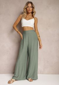 Renee - Zielone Szerokie Spodnie z Wiskozy High Waist z Gumką w Talii Timasha. Stan: podwyższony. Kolor: zielony. Materiał: wiskoza. Sezon: lato