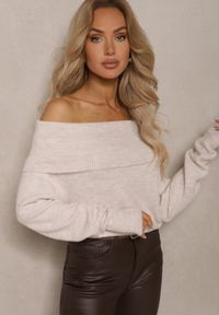 Renee - Beżowy Sweter z Wiskozą i Wełną Ozdobiony Wywiniętym Dekoltem Ravarienne. Kolor: beżowy. Materiał: wiskoza, wełna. Wzór: aplikacja. Sezon: zima #4