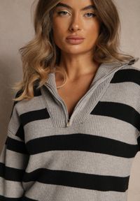 Renee - Czarno-Szary Sweter w Paski z Suwakiem przy Dekolcie Ralanae. Okazja: na co dzień. Kolor: czarny. Materiał: skóra, jeans. Długość rękawa: długi rękaw. Długość: długie. Wzór: paski. Styl: casual, klasyczny #3