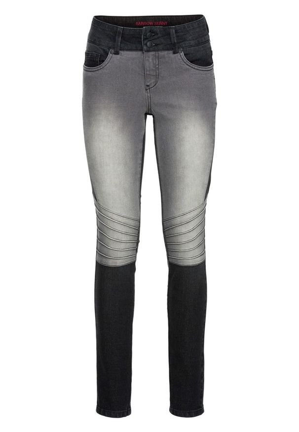 Dżinsy SKINNY dwukolorowe, w stylu biker bonprix czarny "stone" - szary denim. Kolor: czarny. Materiał: materiał, bawełna, poliester, elastan