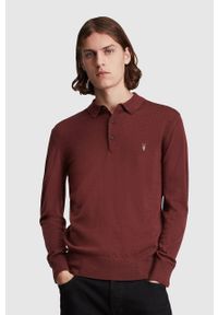 AllSaints Sweter wełniany męski kolor bordowy. Okazja: na co dzień. Kolor: czerwony. Materiał: wełna. Długość rękawa: długi rękaw. Długość: krótkie. Styl: casual