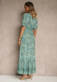 Renee - Zielona Rozkloszowana Sukienka z Bawełny Zdobiona Wzorem Paisley Folitea. Typ kołnierza: dekolt w serek. Kolor: zielony. Materiał: bawełna. Wzór: paisley, aplikacja. Sezon: wiosna #4