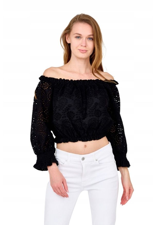 Guess - GUESS Damski czarny crop top. Kolor: czarny. Materiał: bawełna