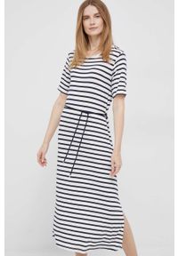 TOMMY HILFIGER - Tommy Hilfiger sukienka kolor beżowy midi prosta. Okazja: na co dzień. Kolor: beżowy. Materiał: materiał. Długość rękawa: krótki rękaw. Typ sukienki: proste. Styl: casual. Długość: midi