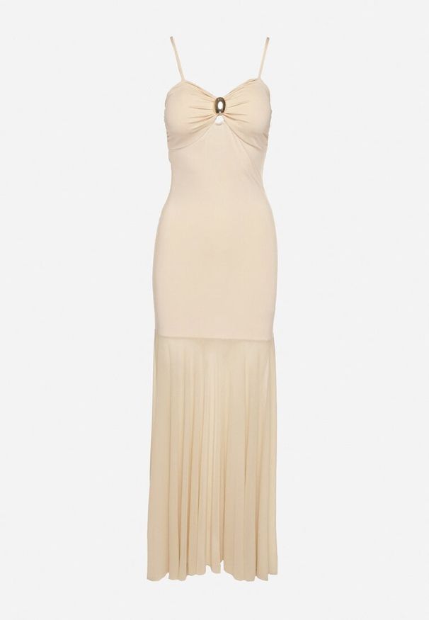 Born2be - Beżowa Sukienka na Ramiączkach z Wiskozą Zdobiona Aplikacją i Siateczką Savaleira. Okazja: na co dzień. Typ kołnierza: dekolt w kształcie V. Kolor: beżowy. Materiał: wiskoza. Długość rękawa: na ramiączkach. Wzór: aplikacja. Styl: klasyczny, casual, elegancki