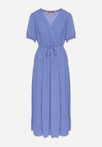 Born2be - Niebieska Kopertowa Sukienka z Bawełną i Paskiem Ivellevia. Okazja: na co dzień. Typ kołnierza: dekolt w serek. Kolor: niebieski. Materiał: bawełna. Długość rękawa: długi rękaw. Sezon: lato. Typ sukienki: kopertowe. Styl: casual, elegancki, klasyczny #3