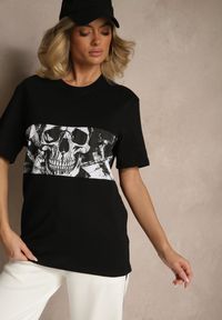 Renee - Czarna Bawełniana Koszulka T-shirt z Nadrukiem Czaszki Lanavira. Okazja: na co dzień, na spotkanie biznesowe, do pracy. Kolor: czarny. Materiał: bawełna. Wzór: nadruk. Styl: casual, biznesowy, elegancki, rockowy #5
