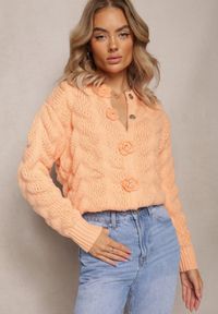 Renee - Pomarańczowy Kardigan z Miękkiej Dzianiny w Kwiaty Nufreda. Kolor: pomarańczowy. Materiał: dzianina. Wzór: kwiaty #1