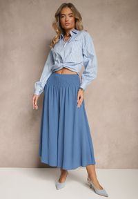 Renee - Niebieskie Spodnie Typu Kuloty High Waist o Szerokim Kroju z Marszczeniem Araliannis. Okazja: na co dzień. Stan: podwyższony. Kolor: niebieski. Styl: klasyczny, elegancki, casual