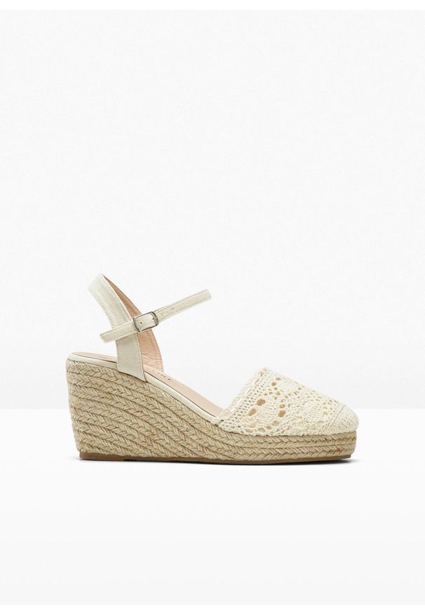 bonprix - Sandały na koturnie. Kolor: beżowy. Materiał: materiał, koronka. Wzór: koronka. Sezon: lato. Obcas: na koturnie