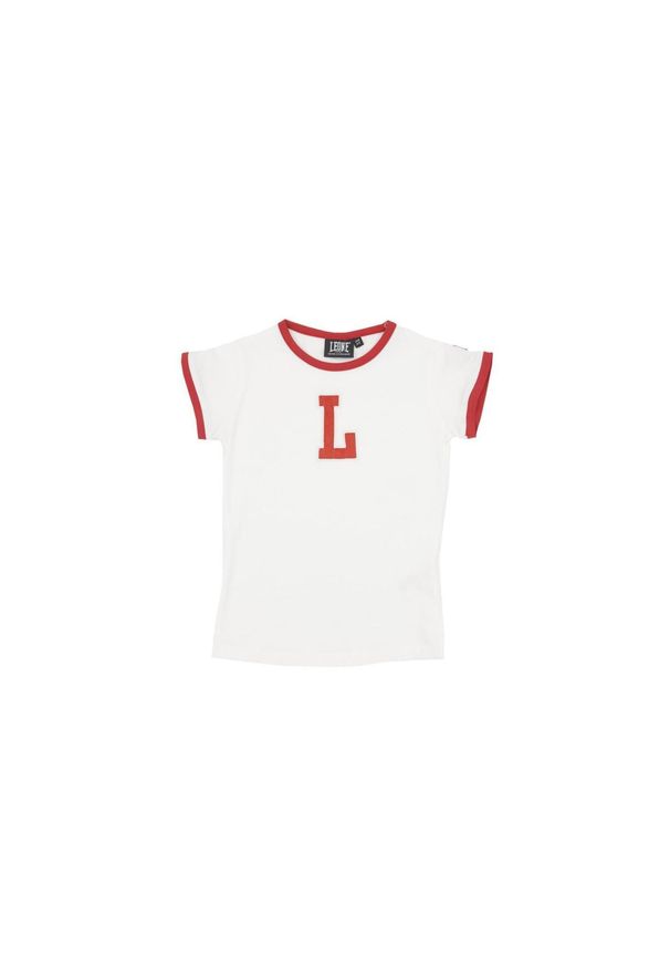 LEONE 1947 APPAREL - Dziewczęcy T-shirt z krótkim rękawem i uczelnią „L”.. Kolor: biały. Długość rękawa: krótki rękaw. Długość: krótkie. Sport: joga i pilates