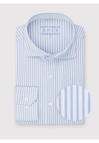 Pako Lorente - PAKO LORENTE - Błękitna koszula w prążek. Typ kołnierza: kołnierzyk włoski. Kolor: niebieski. Materiał: dzianina, poliester, bawełna. Długość rękawa: długi rękaw. Długość: długie. Wzór: prążki #6