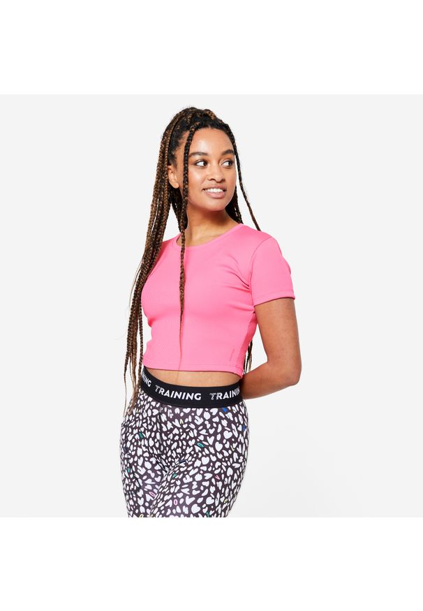DOMYOS - Koszulka fitness damska Domyos crop top. Kolor: różowy. Materiał: materiał, poliester, elastan. Sport: fitness