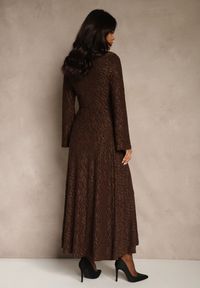 Renee - Brązowa Rozkloszowana Sukienka Longsleeve w Zebrę Zdobiona Brokatem Mevilisa. Kolor: brązowy. Długość rękawa: długi rękaw. Wzór: motyw zwierzęcy, aplikacja. Styl: klasyczny #4