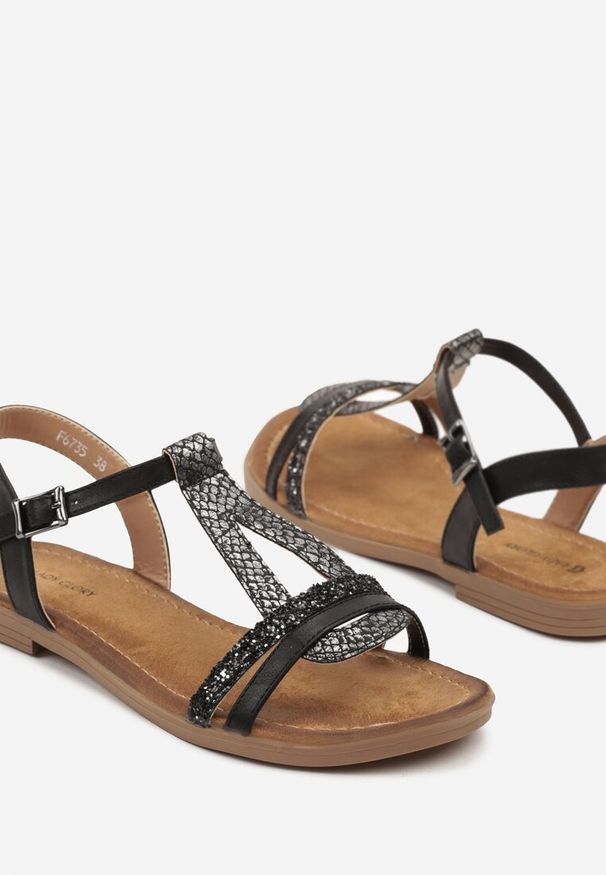 Renee - Czarne Sandały z Brokatowymi Wstawkami Helvanis. Okazja: na co dzień, na spacer. Zapięcie: sprzączka. Kolor: czarny. Wzór: aplikacja. Styl: elegancki, casual