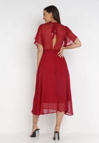 Born2be - Bordowa Sukienka o Rozkloszowanym Kroju z Wiązaniem Acsophia. Kolor: czerwony. Materiał: tkanina, materiał. Długość rękawa: krótki rękaw. Styl: elegancki, wizytowy. Długość: midi #3