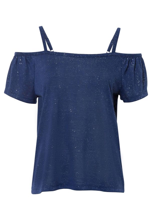Shirt cold-shoulder z brokatowym połyskiem bonprix kobaltowy. Kolor: niebieski. Długość rękawa: na ramiączkach