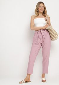 Born2be - Różowe Spodnie z Wiązanym Paskiem Paper Bag Biras. Okazja: na co dzień. Kolor: różowy. Materiał: materiał. Styl: casual #5