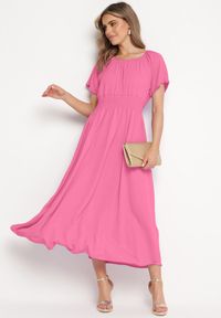 Born2be - Różowa Sukienka z Krótkim Rękawem i Gumką w Pasie Oilleria. Kolor: różowy. Długość rękawa: krótki rękaw