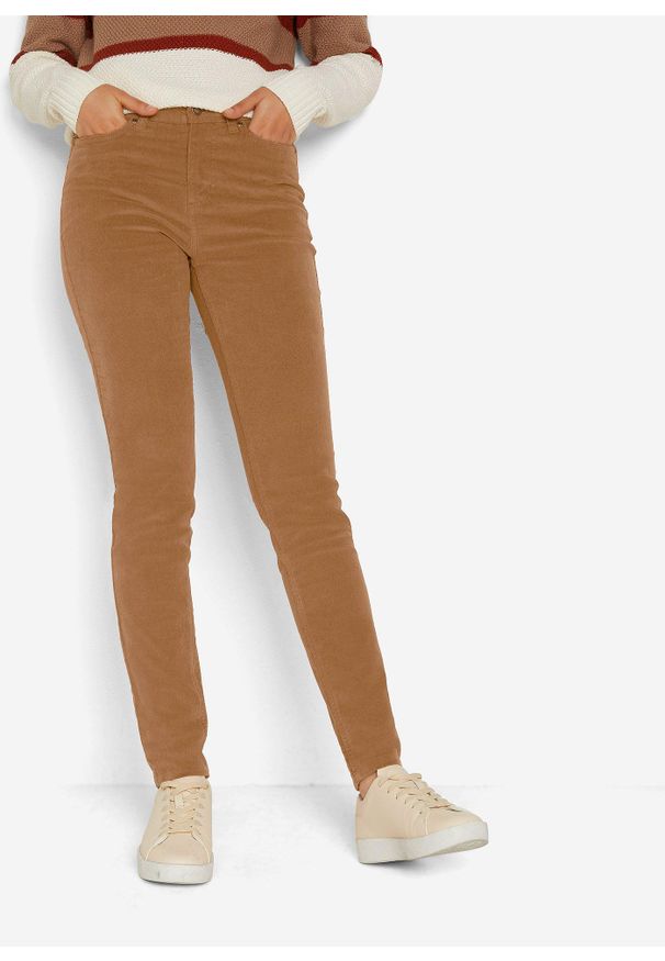 bonprix - Spodnie sztruksowe Skinny ze stretchem. Kolor: brązowy. Materiał: sztruks