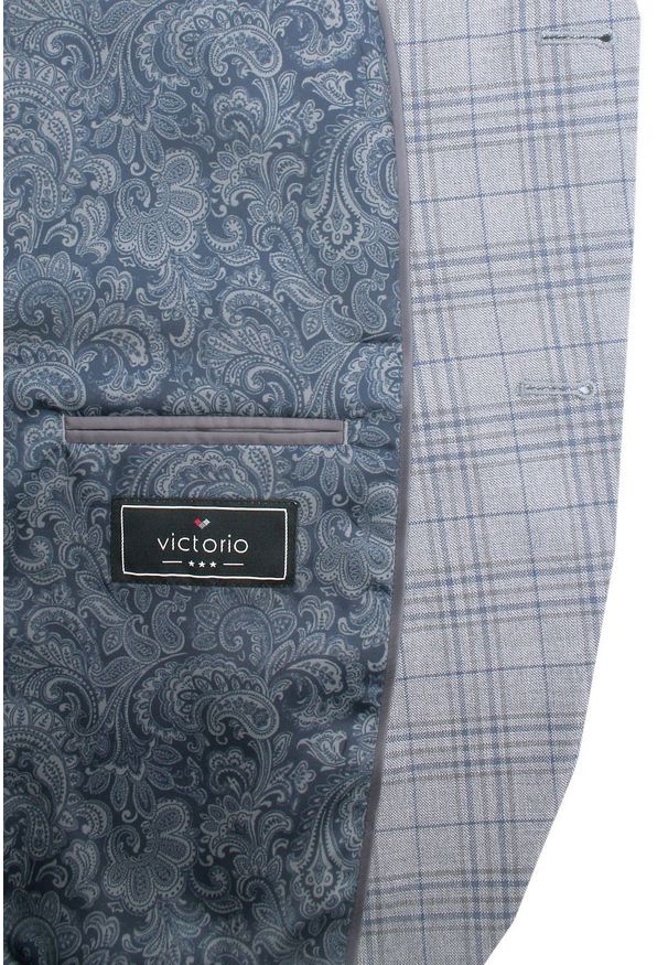 Stalowa Marynarka Męska w Kratkę - Victorio - Taliowana (Slim). Kolor: szary. Materiał: poliester, elastan, wiskoza. Wzór: kratka