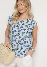 Born2be - Niebieska Bawełniana Bluzka w Kwiaty Naperia. Okazja: na co dzień. Kolor: niebieski. Materiał: bawełna. Wzór: kwiaty. Styl: elegancki, casual #7