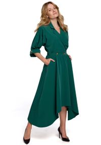 MOE - Asymetryczna Rozkloszowana Sukienka z Kopertowym Dekoltem - Zielona. Kolor: zielony. Materiał: elastan, poliester. Typ sukienki: asymetryczne, kopertowe