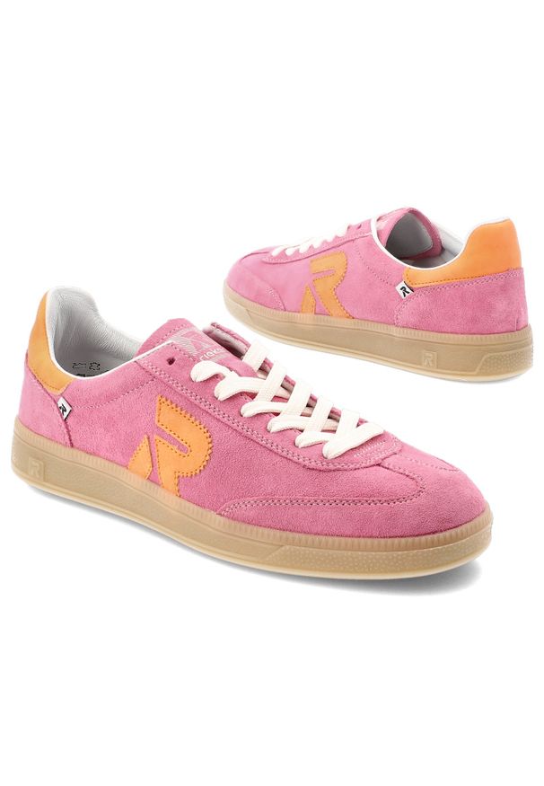 Różowe Sneakersy Rieker Modne Obuwie Damskie. Okazja: na co dzień. Zapięcie: sznurówki. Kolor: różowy. Materiał: zamsz