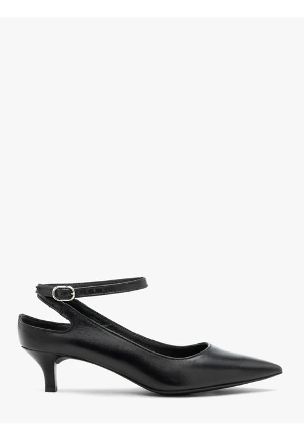Ryłko - Czarne czółenka slingback bez pięty. Zapięcie: pasek. Kolor: czarny. Materiał: skóra. Obcas: na obcasie. Styl: elegancki, street. Wysokość obcasa: średni