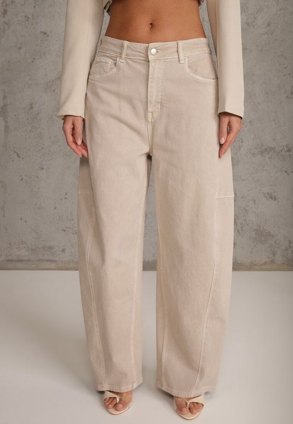 Renee - Beżowe Jeansy z Bawełny Typu Balloon High Waist Ozdobione Przeszyciami Eunaris. Okazja: na co dzień. Stan: podwyższony. Kolor: beżowy. Wzór: aplikacja. Styl: casual