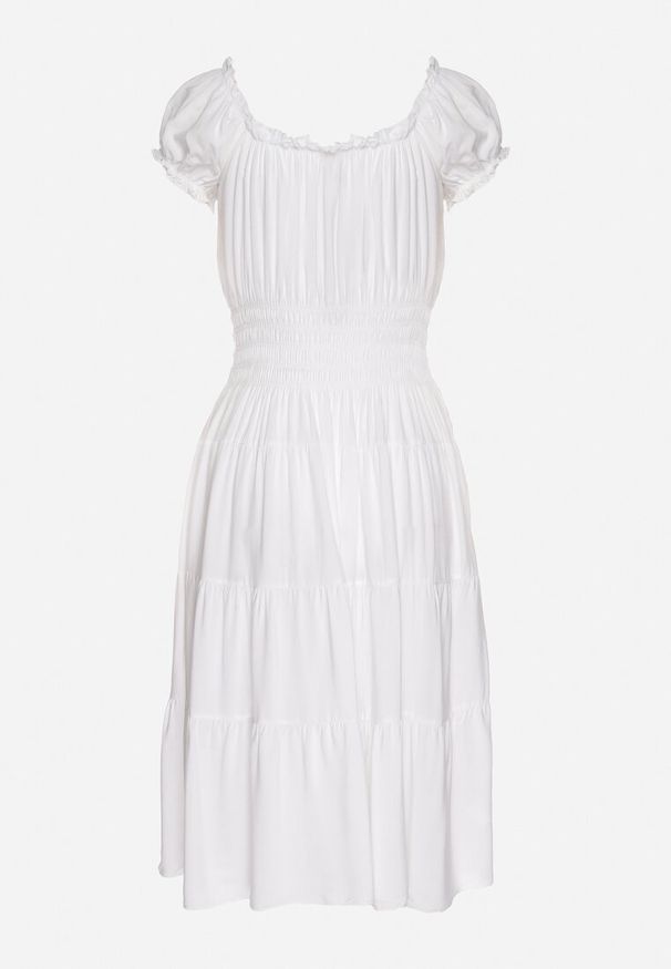 Born2be - Biała Bawełniana Rozkloszowana Sukienka z Guzikami i Bufiastymi Rękawami Annivi. Okazja: na co dzień. Kolor: biały. Materiał: bawełna. Styl: elegancki, casual, klasyczny