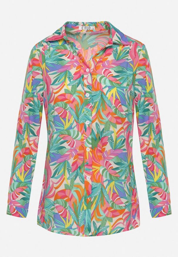 Born2be - Zielono-Różowa Klasyczna Koszula we Florystyczny Wzór z Guzikami Cairissa. Kolor: zielony. Sezon: lato. Styl: klasyczny