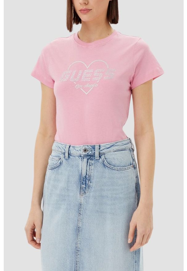 Guess - GUESS Różowy damski t-shirt Narciso. Kolor: różowy