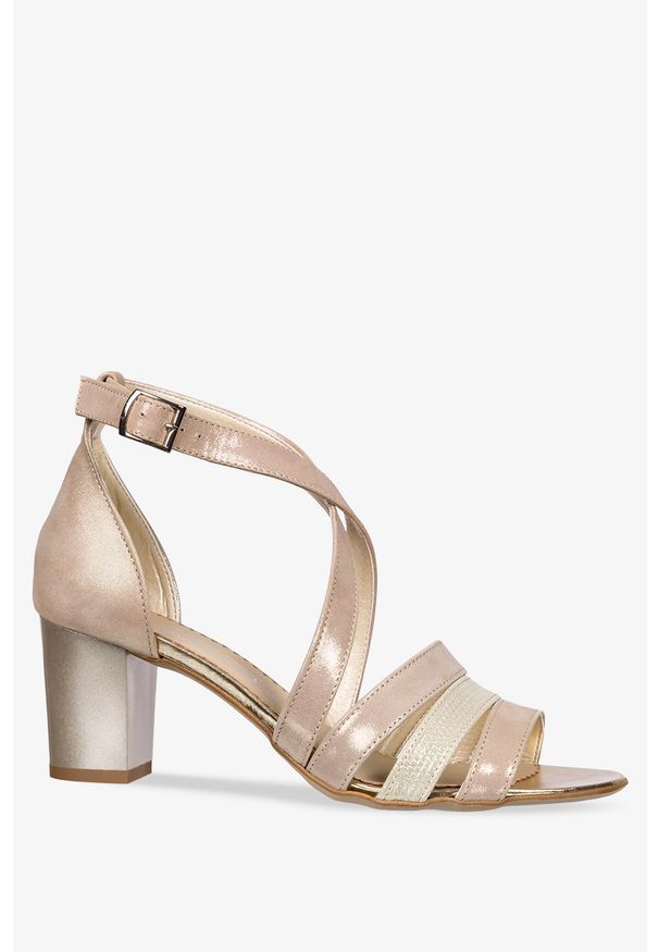 Casu - Beżowe sandały skórzane błyszczące na słupku z zakrytą piętą paski na krzyż produkt polski casu 476. Zapięcie: pasek. Kolor: beżowy. Materiał: skóra. Wzór: paski. Obcas: na słupku