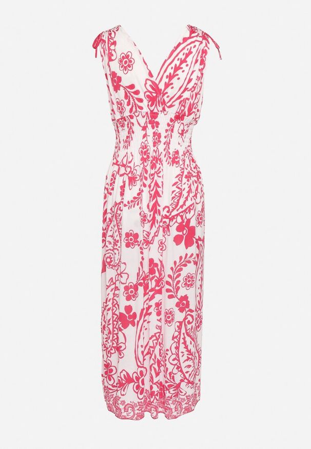 Born2be - Różowa Sukienka z Roślinnym Wzorem i Kopertowym Dekoltem z Gumką w Talii Orrune. Okazja: na spotkanie biznesowe, do pracy, na co dzień. Typ kołnierza: dekolt kopertowy. Kolor: różowy. Materiał: jeans. Sezon: lato. Typ sukienki: kopertowe. Styl: casual, klasyczny, biznesowy