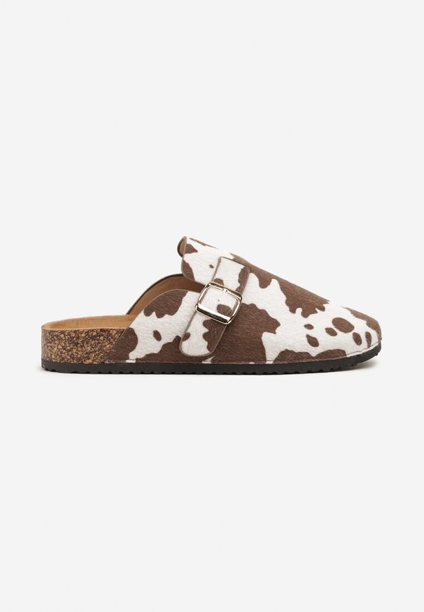 Renee - Brązowe Klapki Typu Mule w Print z Łatami Meralda. Okazja: na co dzień. Kolor: brązowy. Materiał: jeans. Wzór: nadruk. Styl: casual