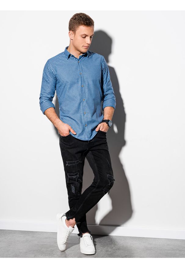Ombre Clothing - Koszula męska w kratę z długim rękawem K563 - błękitna - XXL. Kolor: niebieski. Materiał: bawełna, poliester. Długość rękawa: długi rękaw. Długość: długie