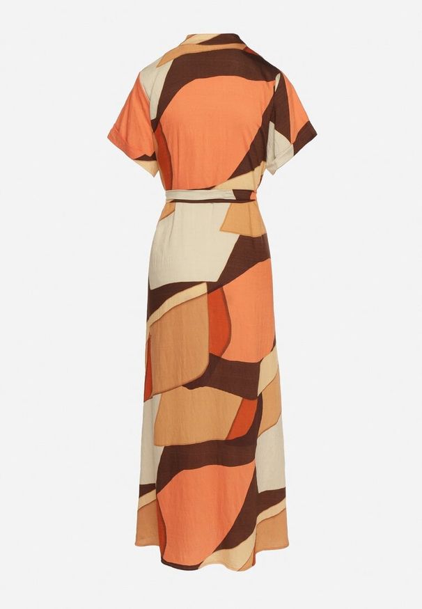 Born2be - Jasnobrązowa Sukienka Rozkloszowana z Wiskozy w Geometryczny Wzór z Paskiem Ranislla. Okazja: na co dzień. Typ kołnierza: dekolt w serek. Kolor: brązowy. Materiał: wiskoza. Długość rękawa: krótki rękaw. Wzór: geometria. Styl: elegancki, casual