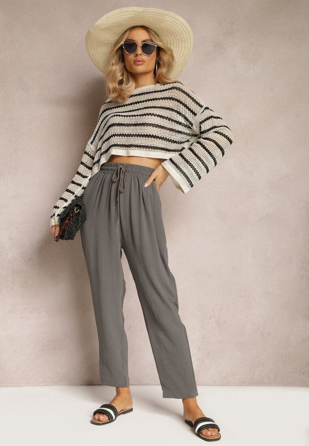 Renee - Szare Spodnie o Luźnym Fasonie ze Sznurkiem i Gumką w Talii Enivea. Okazja: na co dzień. Kolor: szary. Styl: elegancki, casual
