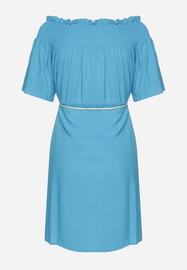 Born2be - Niebieska Sukienka z Wiskozą Bawełną Hiszpańskim Dekoltem i Sznurkiem Lilarenne. Okazja: na co dzień. Kolor: niebieski. Materiał: bawełna, wiskoza. Sezon: lato. Styl: casual, elegancki